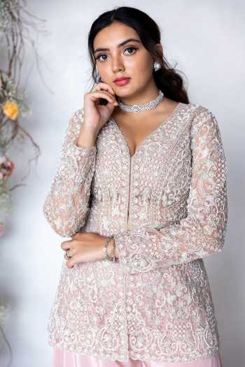 Buy_Sunita Bhandari_Pink Net, Viscose, Crepe Cut Work, Embroidered Peplum Kurta And Sharara Set _Online_at_Aza_Fashions