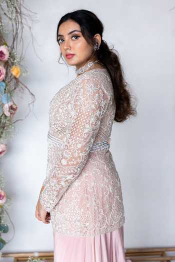 Sunita Bhandari_Pink Net, Viscose, Crepe Cut Work, Embroidered Peplum Kurta And Sharara Set _Online_at_Aza_Fashions