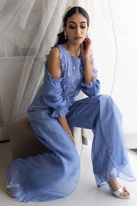 Buy_Sunita Bhandari_Blue Viscose, Organza Pearls Round Neck Work Tunic And Pant Set _Online_at_Aza_Fashions