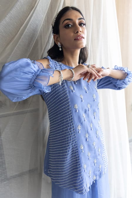Shop_Sunita Bhandari_Blue Viscose, Organza Pearls Round Neck Work Tunic And Pant Set _Online_at_Aza_Fashions