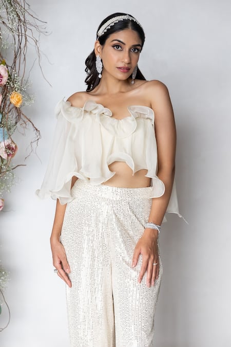 Sunita Bhandari_Ivory Viscose, Organza Sequins Off-shoulder Ruffle Top And Embroidered Pant Set _Online_at_Aza_Fashions