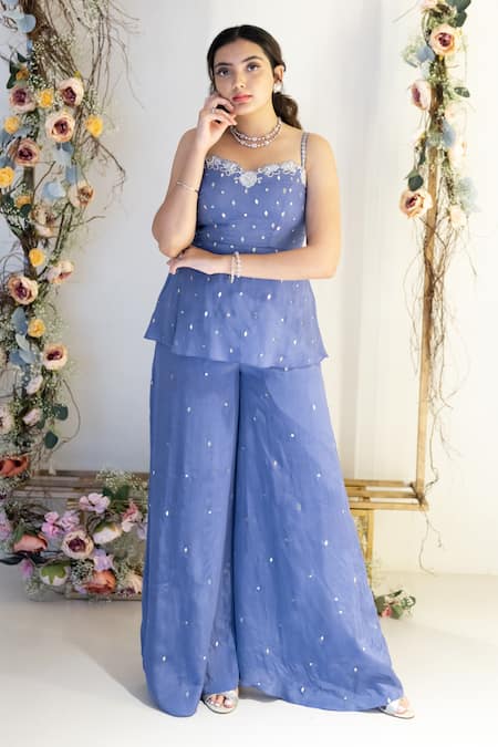 Shop_Sunita Bhandari_Blue Viscose, Organza Embroidery, Sequins, Mirrors Sweetheart Peplum Jumpsuit _Online_at_Aza_Fashions