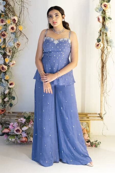 Buy_Sunita Bhandari_Blue Viscose, Organza Embroidery, Sequins, Mirrors Sweetheart Peplum Jumpsuit _Online_at_Aza_Fashions