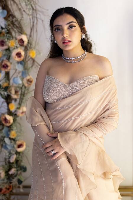 Sunita Bhandari_Beige Viscose, Organza Sequins, Ruffle Lehenga Saree And Embroidered Blouse Set _Online_at_Aza_Fashions