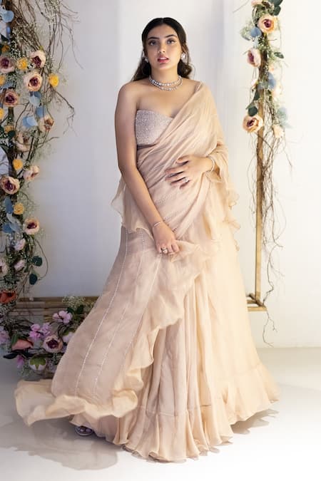 Buy_Sunita Bhandari_Beige Viscose, Organza Sequins, Ruffle Lehenga Saree And Embroidered Blouse Set _Online_at_Aza_Fashions