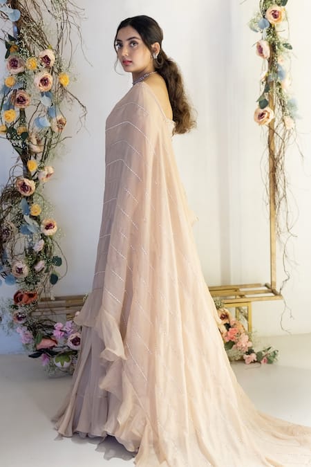 Shop_Sunita Bhandari_Beige Viscose, Organza Sequins, Ruffle Lehenga Saree And Embroidered Blouse Set _Online_at_Aza_Fashions