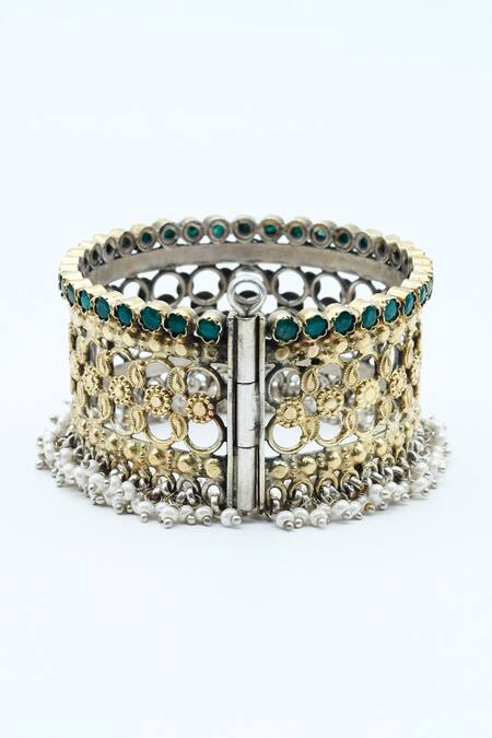 Sangeeta Boochra_Silver Plated Pearls, Stones Hena Paisley Embellished Bracelet _Online_at_Aza_Fashions