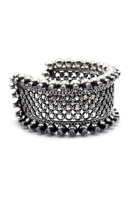 Sangeeta Boochra_Silver Plated Stones Lubena Checkered Pattern Cuff Bracelet _Online_at_Aza_Fashions