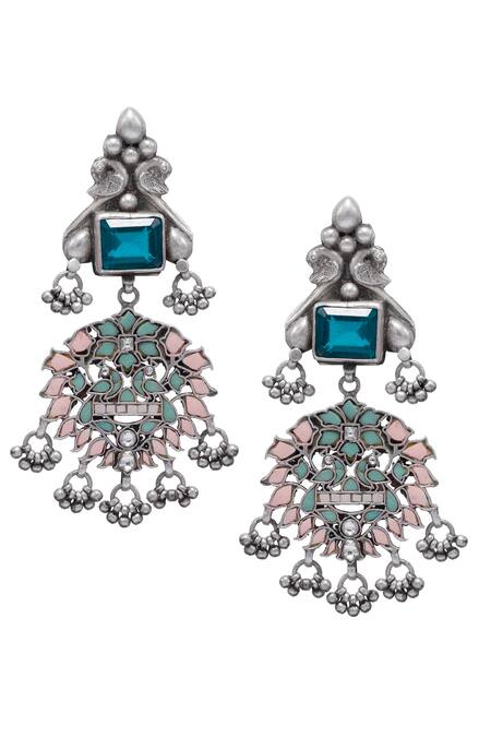 Buy_Sangeeta Boochra_Cream Beads, Cut Work Kashida Kundan Embellished Earrings _Online_at_Aza_Fashions