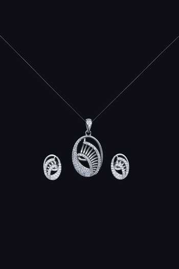Sangeeta Boochra_Silver Plated Stones, Cut Work Inaya Oval Pendant With Earrings _Online_at_Aza_Fashions