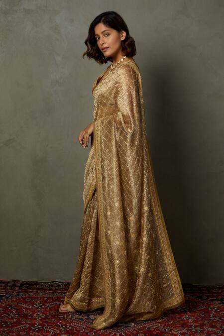 RI.Ritu Kumar_Gold Silk Embroidery Rohira Saree With Unstitched Blouse Fabric_Online_at_Aza_Fashions