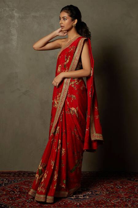 RI.Ritu Kumar_Red Viscose, Chiffon Embroidery Water Lily Print And Saree_Online_at_Aza_Fashions