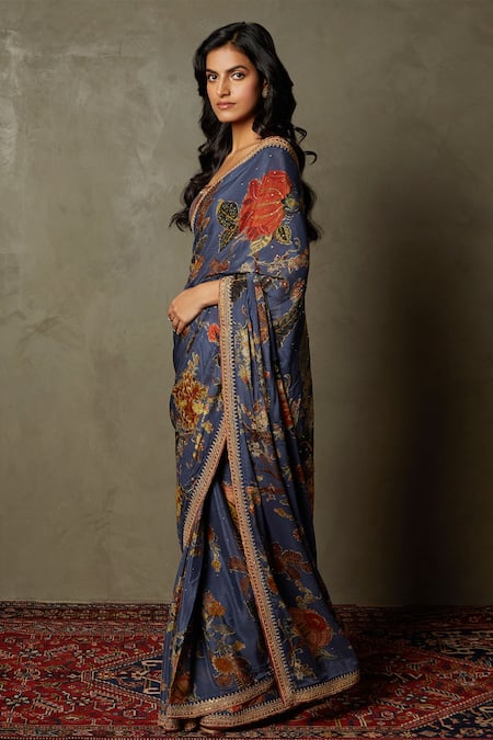 RI.Ritu Kumar_Blue Viscose, Rayon Embroidery Romantic Flower Print Saree_Online_at_Aza_Fashions
