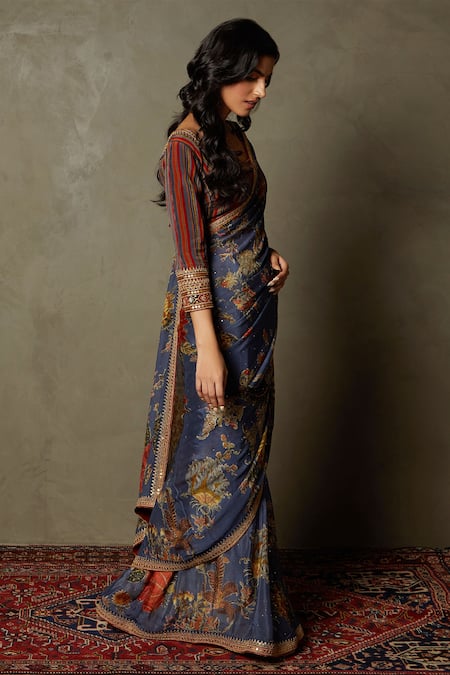 Buy_RI.Ritu Kumar_Blue Viscose, Rayon Embroidery Romantic Flower Print Saree_Online_at_Aza_Fashions