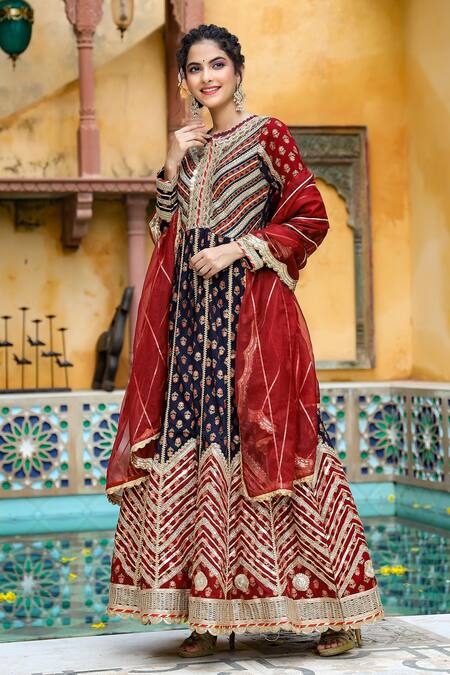 Shop_Bairaas_Maroon Cotton, Organza Floral, Gota Patti, Print And Work Anarkali With Dupatta_Online_at_Aza_Fashions