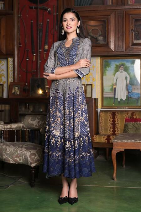 Shop_Bairaas_Blue Rayon Embellished Royal Palace Pattern And Stone Work Notched Round Dress_Online_at_Aza_Fashions