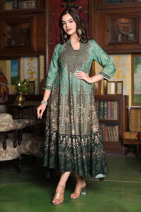 Shop_Bairaas_Green Rayon Embellished Royal Palace Pattern And Stone Work Notched Round Print_Online_at_Aza_Fashions