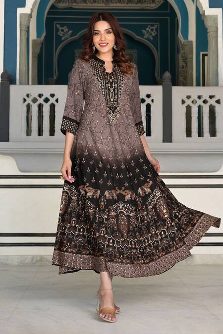 Bairaas Grey Rayon Embellished Bohemian Notched Round Collar And Elephant Pattern Dress Online at Aza Fashions Bairaas_Grey Rayon Embellished Bohemian Notched Round Collar And Elephant Pattern Dress_Online_at_Aza_Fashions