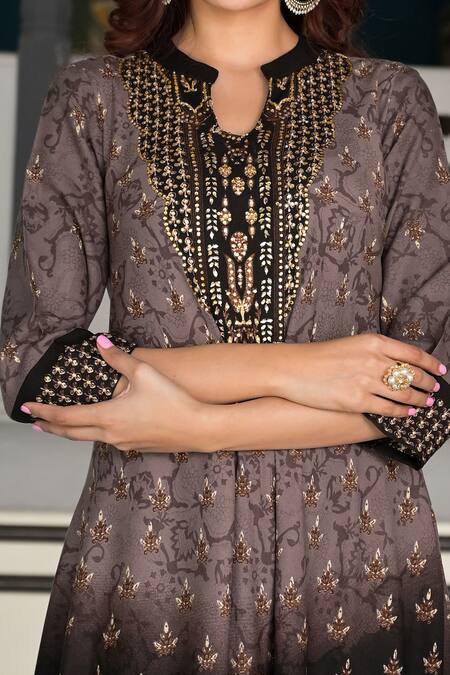 Buy Bairaas Grey Rayon Embellished Bohemian Notched Round Collar And Elephant Pattern Dress Online at Aza Fashions Buy_Bairaas_Grey Rayon Embellished Bohemian Notched Round Collar And Elephant Pattern Dress_Online_at_Aza_Fashions