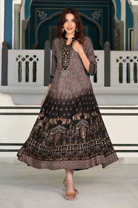 Shop Bairaas Grey Rayon Embellished Bohemian Notched Round Collar And Elephant Pattern Dress Online at Aza Fashions Shop_Bairaas_Grey Rayon Embellished Bohemian Notched Round Collar And Elephant Pattern Dress_Online_at_Aza_Fashions