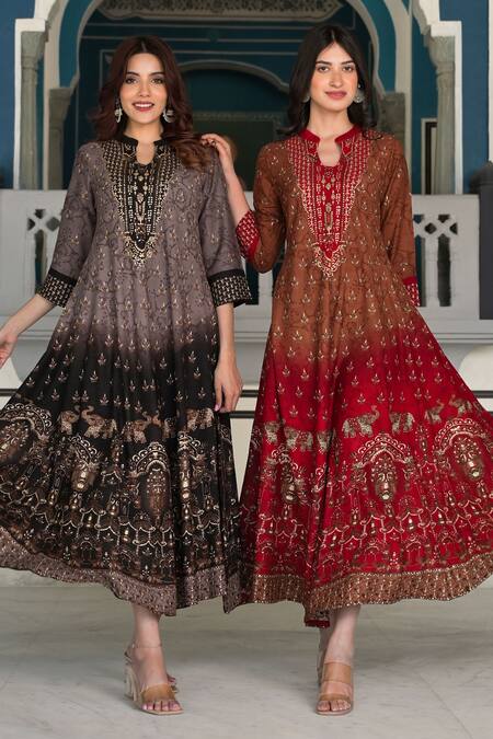 Buy Bairaas Grey Rayon Embellished Bohemian Notched Round Collar And Elephant Pattern Dress Buy_Bairaas_Grey Rayon Embellished Bohemian Notched Round Collar And Elephant Pattern Dress