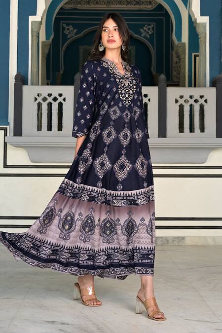 Buy_Bairaas_Blue Rayon Embellished Russian Block Pattern And Stone Work Notched Round Dress_Online_at_Aza_Fashions