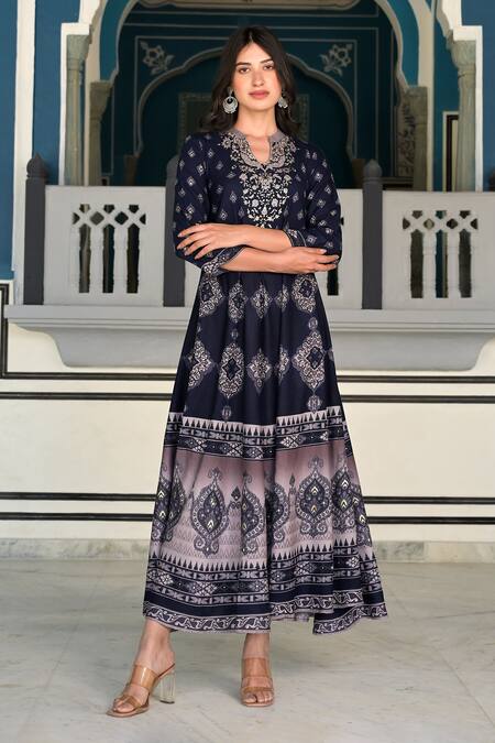 Shop_Bairaas_Blue Rayon Embellished Russian Block Pattern And Stone Work Notched Round Dress_Online_at_Aza_Fashions
