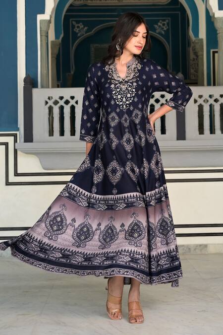 Bairaas_Blue Rayon Embellished Russian Block Pattern And Stone Work Notched Round Dress_at_Aza_Fashions