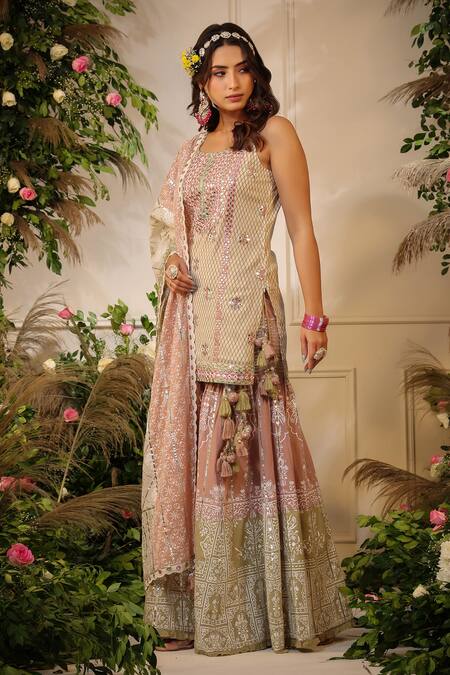 Bairaas Peach Mulmul Print Khari Round Neck Mirror And Gota Work Kurta Sharara Set Online at Aza Fashions Bairaas_Peach Mulmul Print Khari Round Neck Mirror And Gota Work Kurta Sharara Set_Online_at_Aza_Fashions