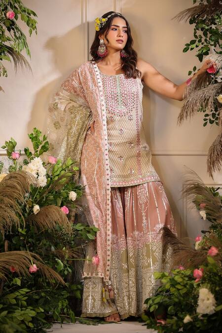 Buy Bairaas Peach Mulmul Print Khari Round Neck Mirror And Gota Work Kurta Sharara Set Online at Aza Fashions Buy_Bairaas_Peach Mulmul Print Khari Round Neck Mirror And Gota Work Kurta Sharara Set_Online_at_Aza_Fashions