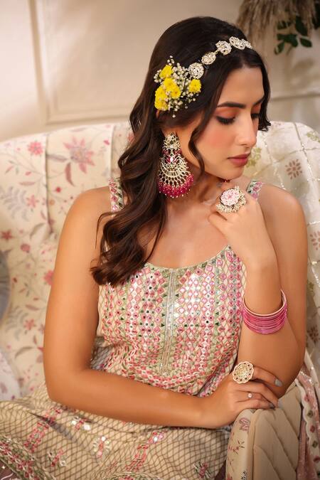 Bairaas Peach Mulmul Print Khari Round Neck Mirror And Gota Work Kurta Sharara Set at Aza Fashions Bairaas_Peach Mulmul Print Khari Round Neck Mirror And Gota Work Kurta Sharara Set_at_Aza_Fashions