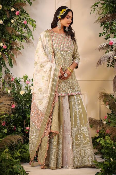 Bairaas Green Mulmul Print Khari Round Neck Kurta Sharara Set Online at Aza Fashions Bairaas_Green Mulmul Print Khari Round Neck Kurta Sharara Set_Online_at_Aza_Fashions