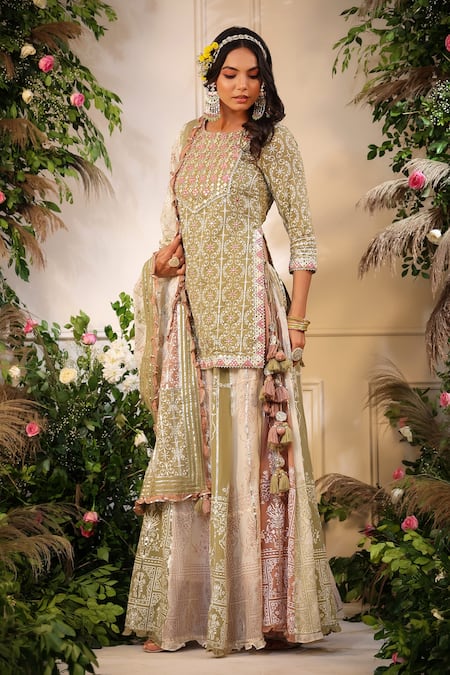 Buy Bairaas Green Mulmul Print Khari Round Neck Kurta Sharara Set Online at Aza Fashions Buy_Bairaas_Green Mulmul Print Khari Round Neck Kurta Sharara Set_Online_at_Aza_Fashions