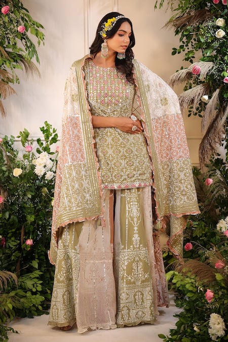 Shop Bairaas Green Mulmul Print Khari Round Neck Kurta Sharara Set Online at Aza Fashions Shop_Bairaas_Green Mulmul Print Khari Round Neck Kurta Sharara Set_Online_at_Aza_Fashions