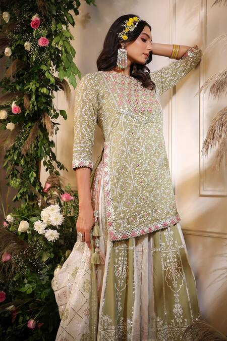 Bairaas Green Mulmul Print Khari Round Neck Kurta Sharara Set at Aza Fashions Bairaas_Green Mulmul Print Khari Round Neck Kurta Sharara Set_at_Aza_Fashions