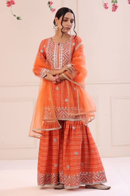 Bairaas_Orange Muslin Embroidered Mirror And Gota Work Notched Round Kurta Sharara Set_Online_at_Aza_Fashions
