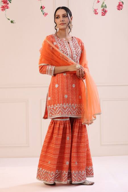 Buy_Bairaas_Orange Muslin Embroidered Mirror And Gota Work Notched Round Kurta Sharara Set_Online_at_Aza_Fashions