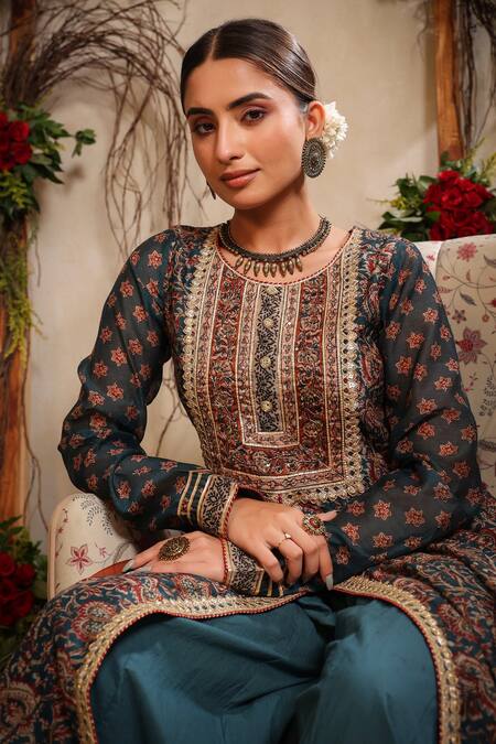 Shop_Bairaas_Blue Cotton, Organza, Chanderi Gota, Sequin Floral Pattern Kurta Sharara Set_Online_at_Aza_Fashions