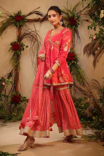 Bairaas_Pink Muslin Embroidered Sequin V Neck Floral Pattern Straight Kurta Sharara Set_Online_at_Aza_Fashions