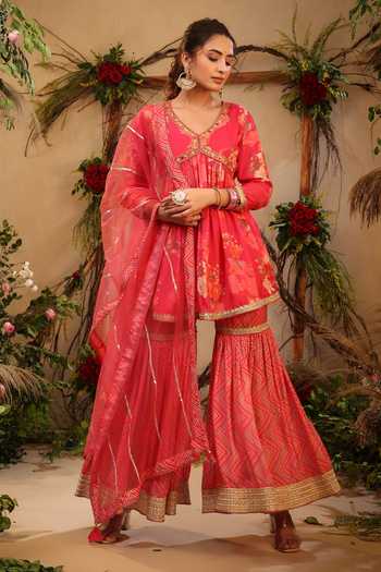 Buy_Bairaas_Pink Muslin Embroidered Sequin V Neck Floral Pattern Straight Kurta Sharara Set_Online_at_Aza_Fashions