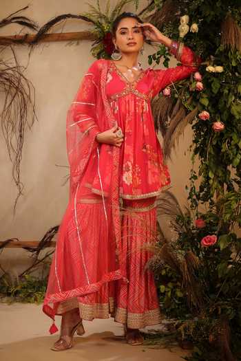 Shop_Bairaas_Pink Muslin Embroidered Sequin V Neck Floral Pattern Straight Kurta Sharara Set_Online_at_Aza_Fashions