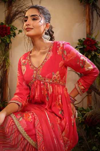 Bairaas_Pink Muslin Embroidered Sequin V Neck Floral Pattern Straight Kurta Sharara Set_at_Aza_Fashions