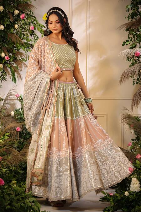 Buy_Bairaas_Green Mulmul Printed Khari Round Floral Lehenga Set_Online_at_Aza_Fashions