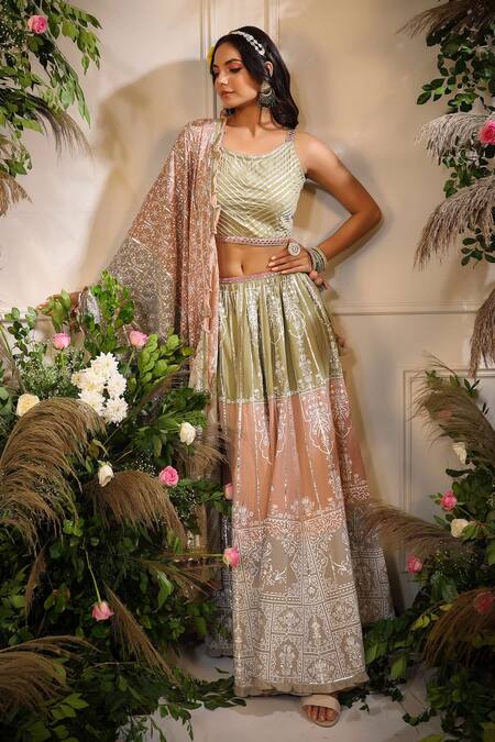 Shop_Bairaas_Green Mulmul Printed Khari Round Floral Lehenga Set_Online_at_Aza_Fashions