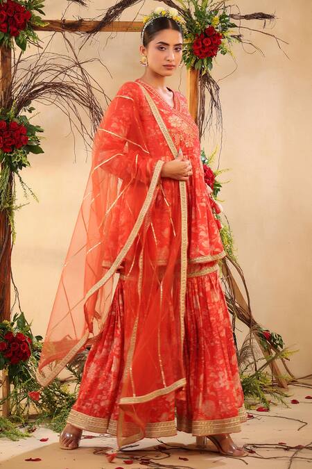 Bairaas Red Muslin Printed And Embroidered Floral Surplice Neck Kurta Sharara Set Online at Aza Fashions Bairaas_Red Muslin Printed And Embroidered Floral Surplice Neck Kurta Sharara Set_Online_at_Aza_Fashions