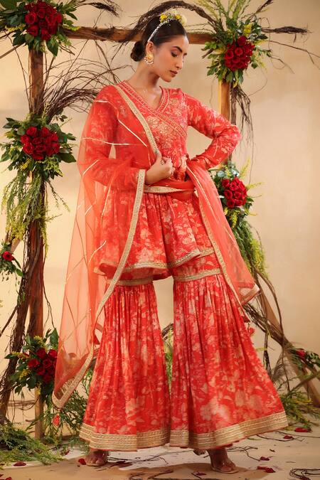 Buy Bairaas Red Muslin Printed And Embroidered Floral Surplice Neck Kurta Sharara Set Online at Aza Fashions Buy_Bairaas_Red Muslin Printed And Embroidered Floral Surplice Neck Kurta Sharara Set_Online_at_Aza_Fashions