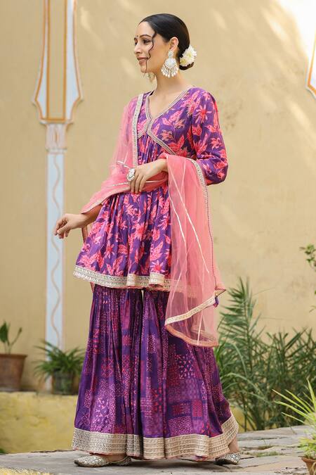 Bairaas_Purple Muslin Printed And Embroidered Floral V Neck Kurta Sharara Set_Online_at_Aza_Fashions