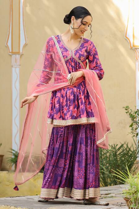 Buy_Bairaas_Purple Muslin Printed And Embroidered Floral V Neck Kurta Sharara Set_Online_at_Aza_Fashions