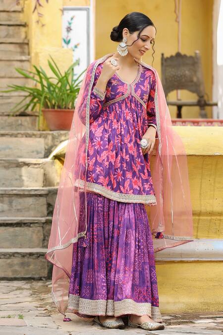 Shop_Bairaas_Purple Muslin Printed And Embroidered Floral V Neck Kurta Sharara Set_Online_at_Aza_Fashions