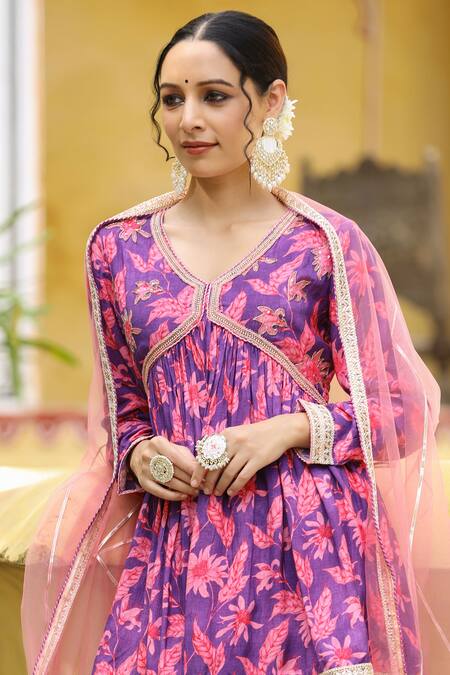 Bairaas_Purple Muslin Printed And Embroidered Floral V Neck Kurta Sharara Set_at_Aza_Fashions